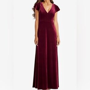 After Six Velvet Flutter Sleeve Gown Maxi Dress Cabernet Burgundy Red Maroon Tie